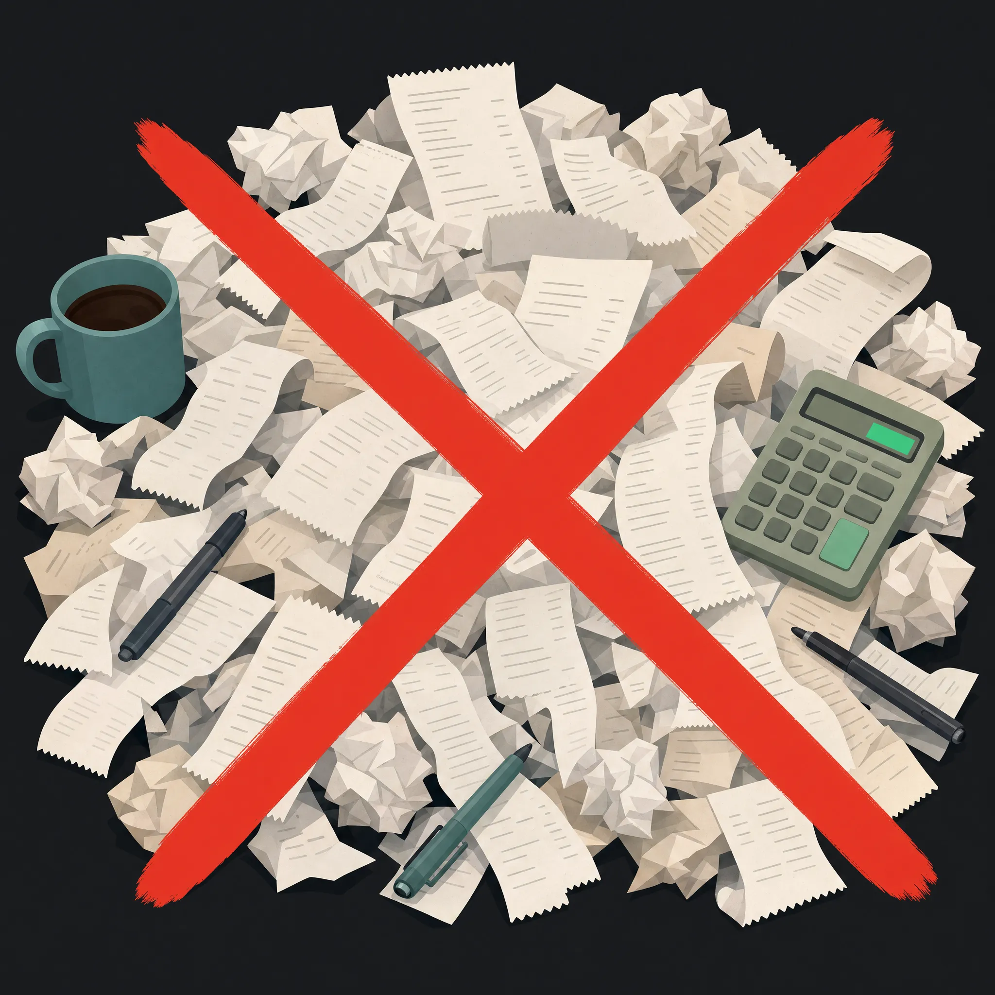 Before Receiptio: paper receipts piled on a desk